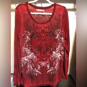 Maurices red vintage long sleeve top with rhinestone cross. Size extra large.